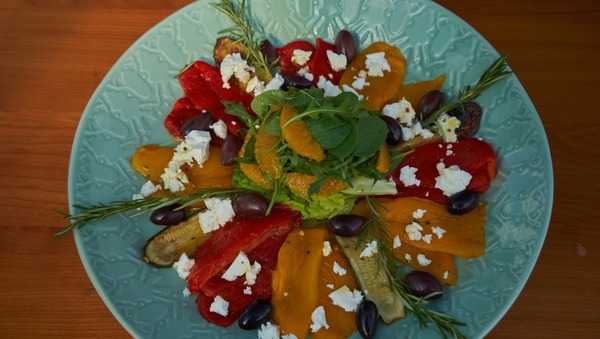 Roasted Red and Yellow Pepper Salad with Feta and Orange Dressing.