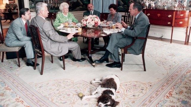 President Bush, his wife Barbara and Boris Yeltsin and others at a breakfast meeting in the White House in 1989