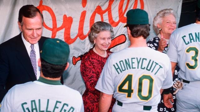 President George Bush, Queen Elizabeth and Barbara Bush shake hands with Mike Gallego, Rick Honeycutt, and Jose Canseco of the Oakland Athletics