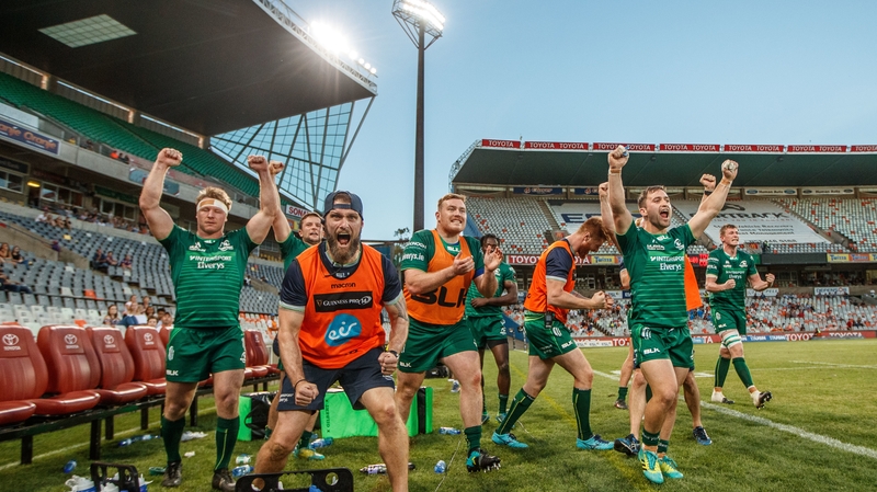 The Connacht bench celebrate victory in Bloemfontein