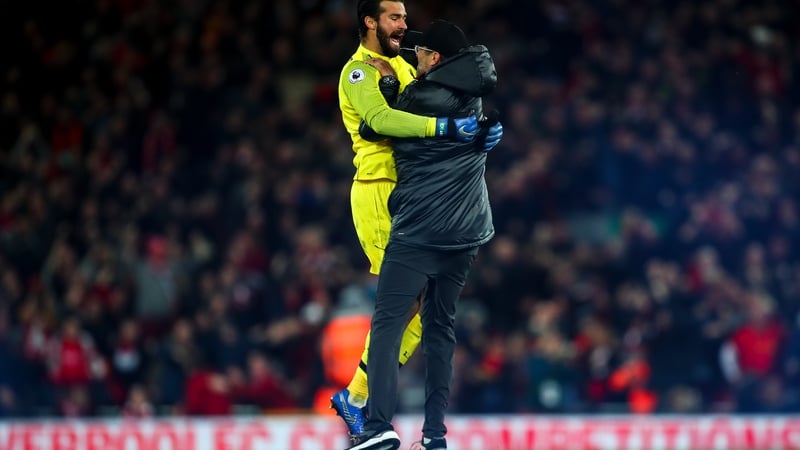 Jurgen Klopp ran onto the pitch to embrace Liverpool keeper Alisson