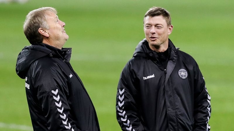 Denmark manager Aage Hareide (L) with assistant manager Jon Dahl Tomasson before last year's World Cup play-off in Dublin