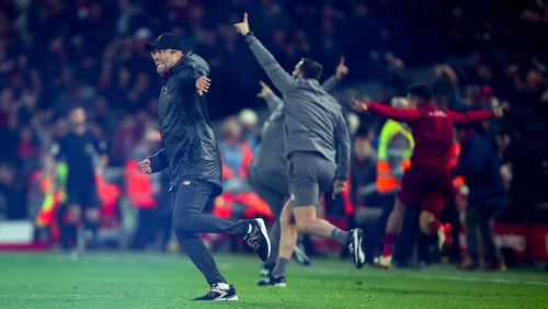 Jurgen Klopp encroached on the pitch after Divock Origi's last minute goal against Everton at Anfield on Sunday