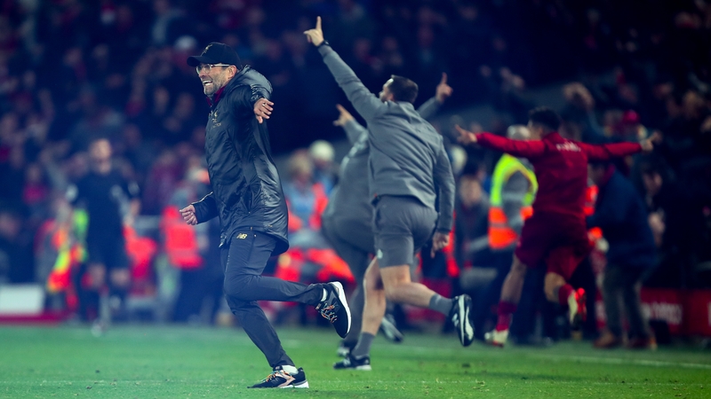 Jurgen Klopp encroached on the pitch after Divock Origi's last minute goal against Everton at Anfield on Sunday