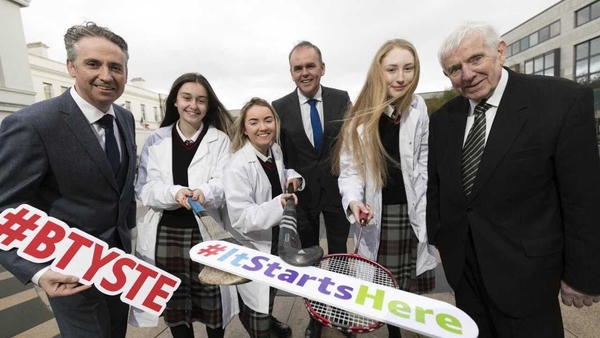 MD of BT Ireland, Shay Walsh, Minister for Education and Skills, Joe McHugh TD, and co-founder of the BTYSTE, Dr. Tony Scott with Lucan Community College students; Faye Murphy, Córa O'Toole, and Tara Phelan.