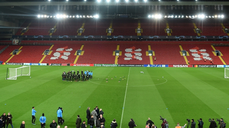 Napoli players attend a training session at Anfield