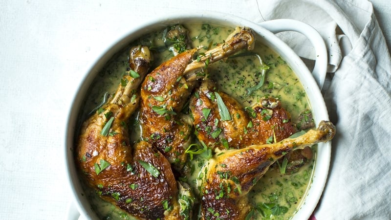 Slow-cooked white wine chicken with garlic and tarragon