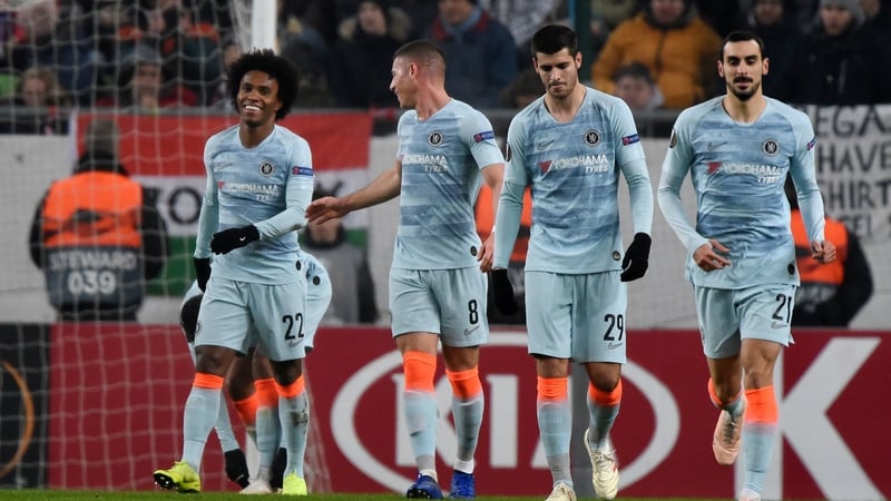 Chelsea team-mates congratulate goal scorer Willian during the 2-2 draw with Vidi in the Europa League