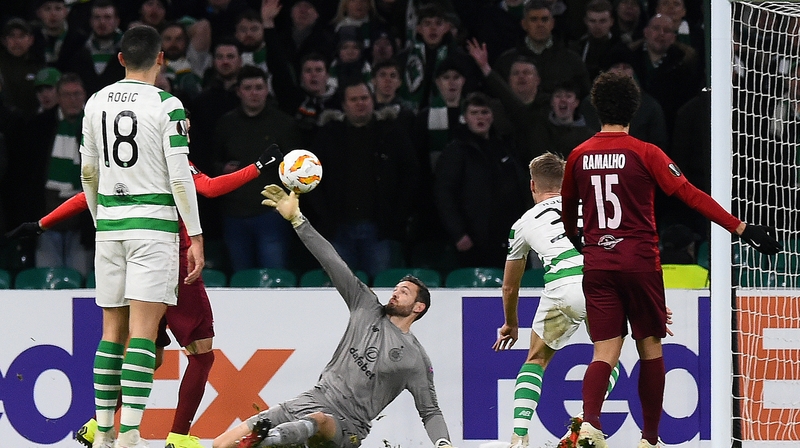 Craig Gordon is called into action during the Europa League tie against Salzburg