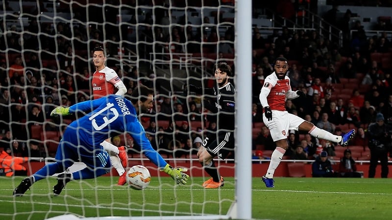 Arsenal striker Alexandre Lacazette rifles the ball past Qarabag goalkeeper Vagner