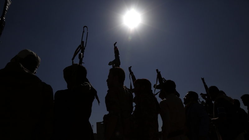 Houthi supporters rallying against the Saudi-led coalition today