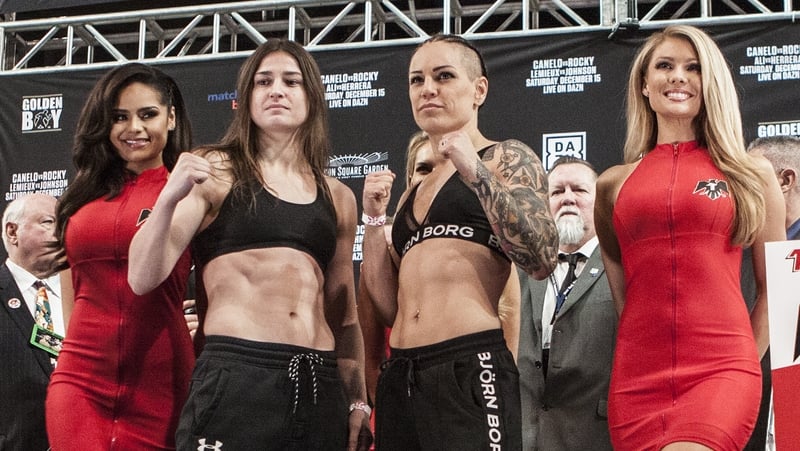 Katie Taylor and Eva Wahlstrom pose for the cameras ahead of Saturday's Madison Square Garden bout