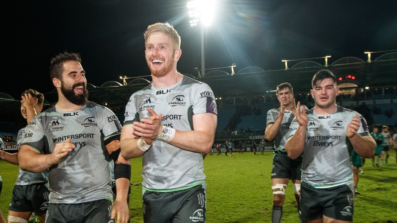 Connacht's Peter McCabe and Darragh Leader celebrate
their victory