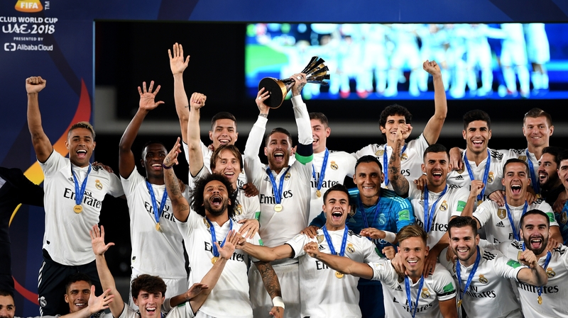 Real Madrid players celebrate winning their third consecutive World Club Cup title in Abu Dhabi