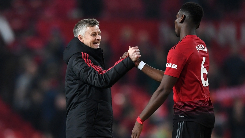 Ole Gunnar Solskjaer celebrates with Paul Pogba