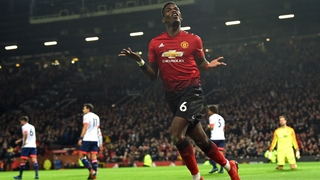 Paul Pogba celebrates his second goal against Bournemouth at Old Trafford