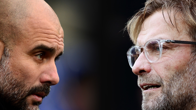 Pep Guardiola (L) and Jurgen Klopp's sides clash tomorrow