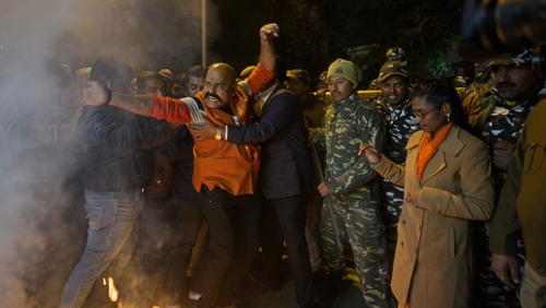 Ayyappa devotees protest against the entry of the women inside the temple in Kerala
