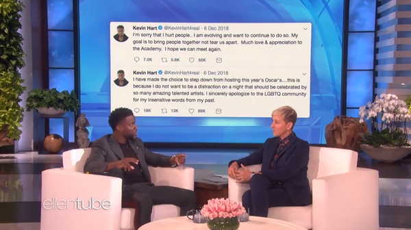 Ellen DeGeneres tells a contrite Kevin Hart - "You have grown. You have apologised. You're apologising again right now. You've done it. Don't let those people win. Host the Oscars" Screeshots: The Ellen DeGeneres Show