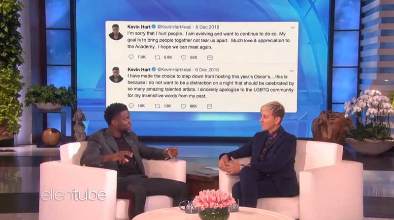 Ellen DeGeneres tells a contrite Kevin Hart - "You have grown. You have apologised. You're apologising again right now. You've done it. Don't let those people win. Host the Oscars" Screeshots: The Ellen DeGeneres Show