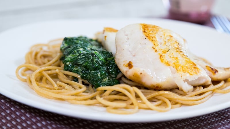 Hake with Creamy Spinach Spaghetti