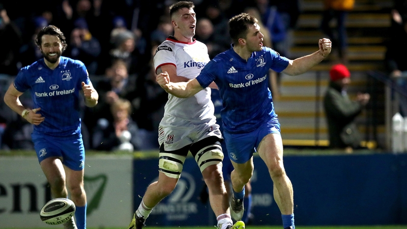 Conor O'Brien celebrates his first-half try at the RDS