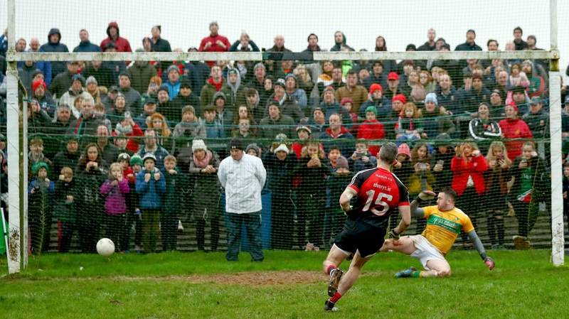 Evan Regan scores for Mayo against Leitrim in the first inter-county penalty shoot-out in January 2019