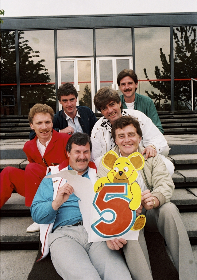 RTÉ Radio 2's fifth birthday in May 1984 with (clockwise) Marty Whelan, Jimmy Greeley, Larry, Ronan Collins, Jim O'Neill, and Dave Fanning