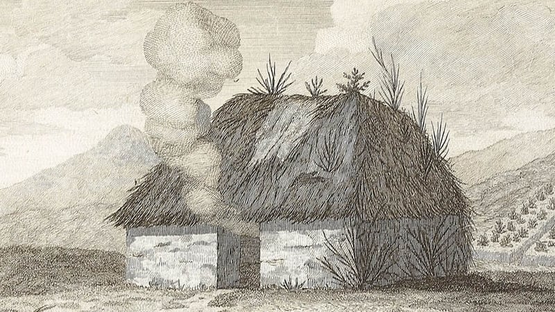 An Irish cabin c.1790 by draughtsman Arthur Young. From Ireland Illustrated 1680-1860 Archives at Moore Institute, NUI Galway