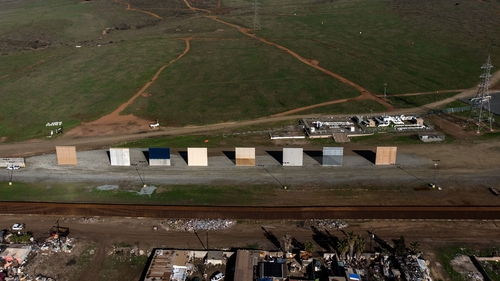 Aerial view of Donald Trump's border wall prototypes as seen from Tijuana, in Baja California state, Mexico
