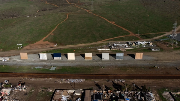 Aerial view of Donald Trump's border wall prototypes as seen from Tijuana, in Baja California state, Mexico