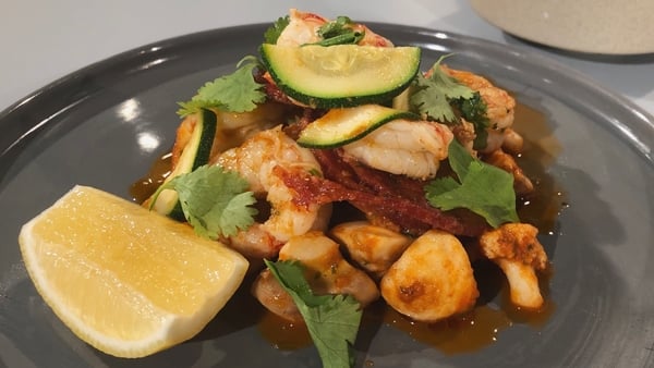 Wade Murphy's Mediterranean Style Prawns with Chorizo, Courgettes, Cauliflower & Mushrooms.