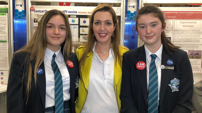 Students Jovana Gajic (left) and Róisín Ní Chadla meet with campaigner Vicky Phelan