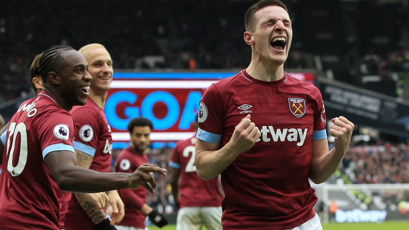 Declan Rice celebrates his clicnically taken goal against Arsenal