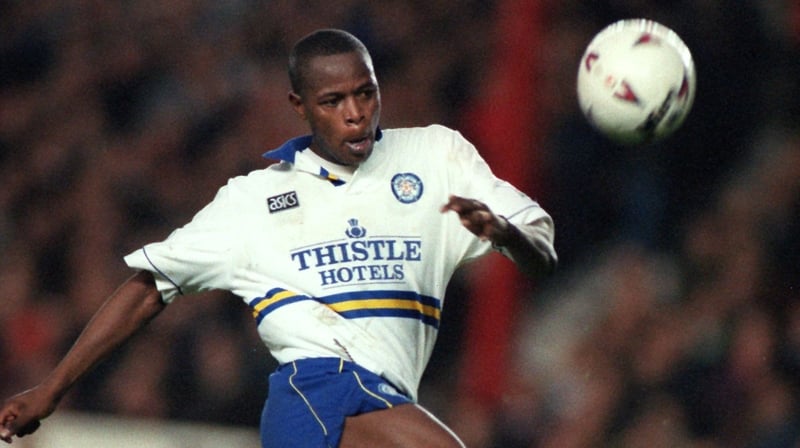 Phil Masinga in action for Leeds against Arsenal in 1994