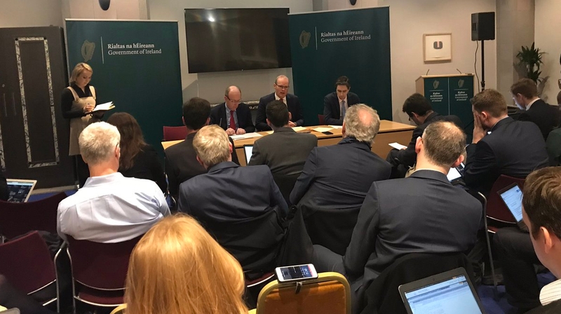 Ministers Shane Ross, Simon Coveney and Simon Harris brief the press