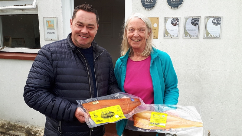 Neven Maguire with Sally Barnes of Woodcock Smokery.