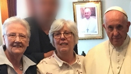 Abuse survivors Marie Collins (L) and Bernadette Fahy with Pope Francis in Dublin last August