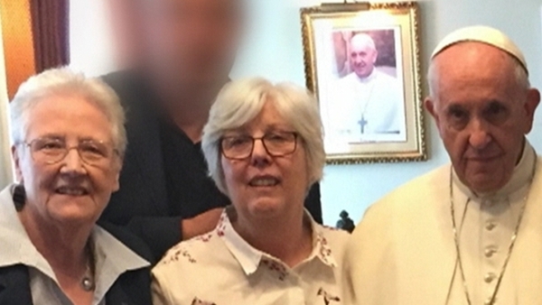 Abuse survivors Marie Collins (L) and Bernadette Fahy with Pope Francis in Dublin last August