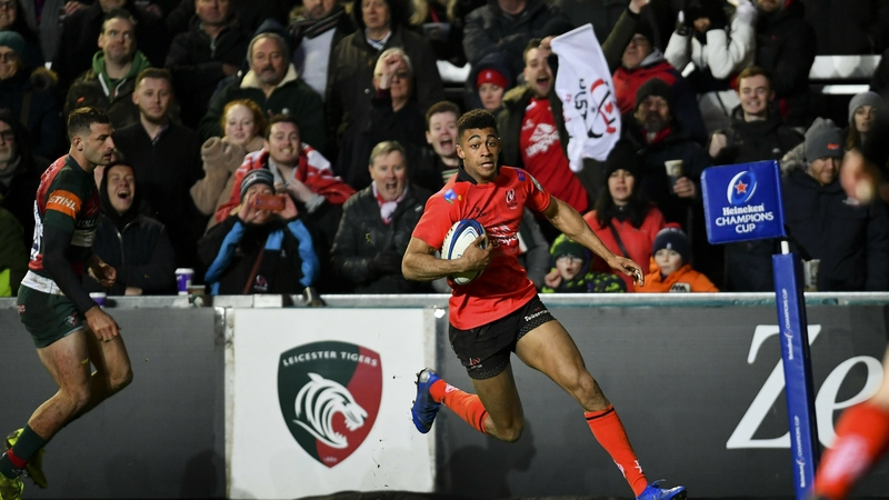 Robert Baloucoune scores Ulster's second try against Leicester Tigers