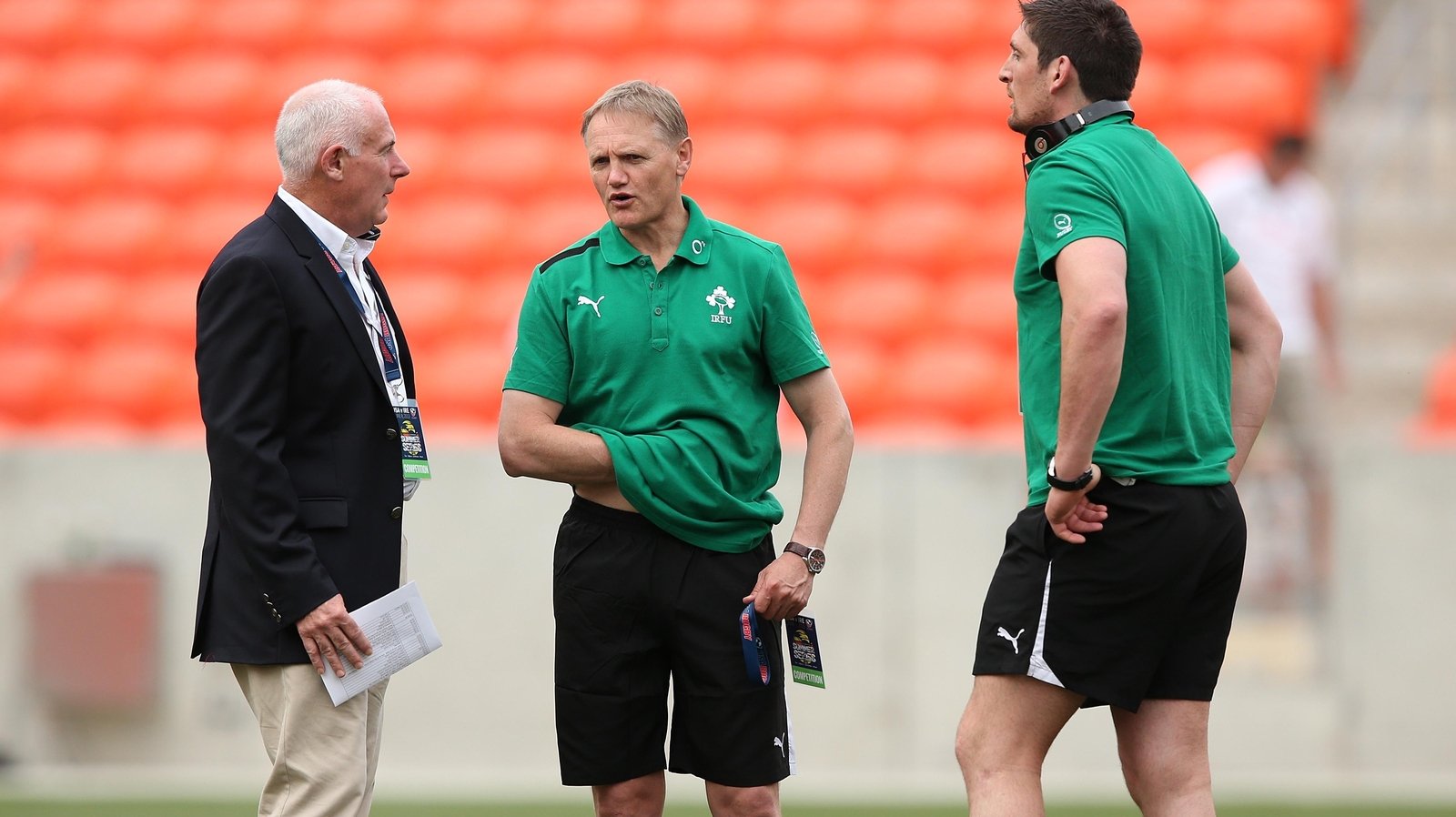 In discussion with Ireland team manager Mick Kearney, left, and head coach Joe Schmidt