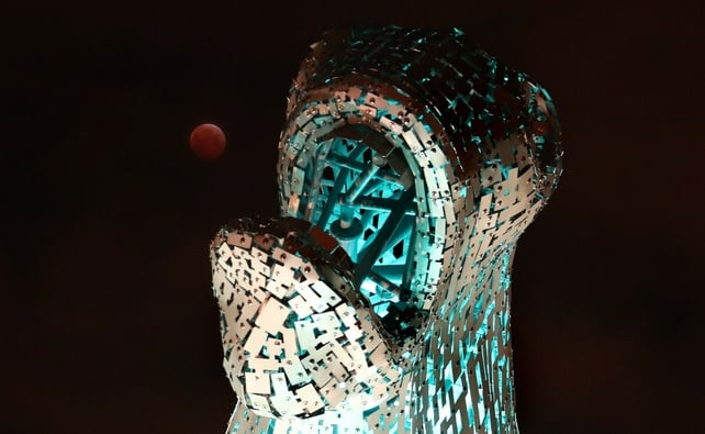 A super blood wolf moon next to one of The Kelpies near Falkirk during the lunar eclipse