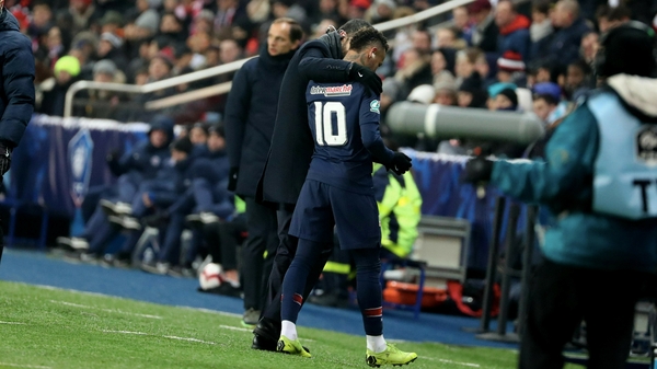 Neymar was consoled by manager Thomas Tuchel as he left the pitch during their 2-0 French Cup win over Racing Strasbourg