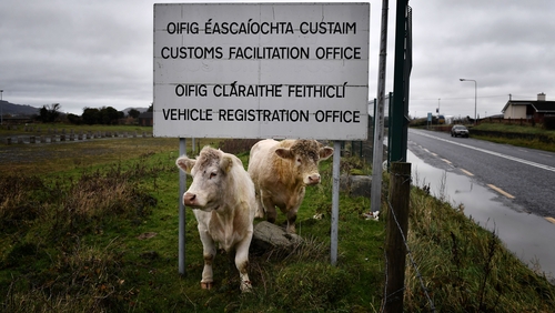 You just keep on pushing my love over the borderline: cows stand beneath a sign for a disused Customs Office outisde Newry. Photo: Charles McQuillan/Getty Images