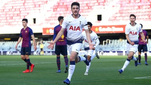 Troy Parrott celebrates after scoring for Spurs in a recent UEFA Youth League game against Barcelona