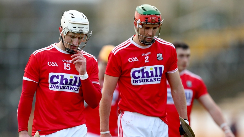The Cork players leaving the pitch after their loss to Kilkenny in Nowlan Park