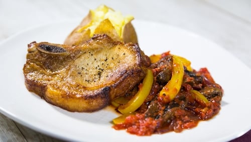 Pork Chops with Stir Fried Vegetables and Tomato Sauce