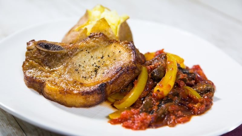 Pork Chops with Stir Fried Vegetables and Tomato Sauce
