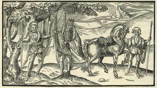 A medieval Irish chief and attendants from John Derrickes The Image of Irelande, with a Discoverie of Woodkarne. Photo: Culture Club/Getty Images