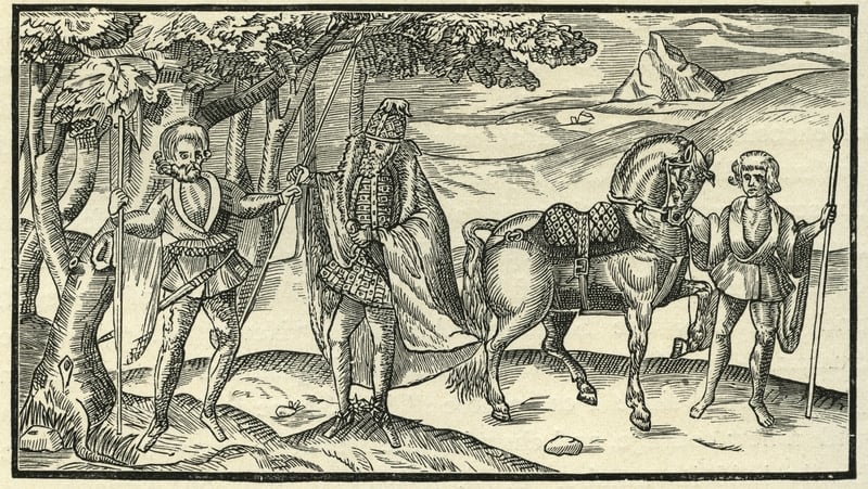 A medieval Irish chief and attendants pose for a selfie. From The Image of Irelande, with a Discoverie of Woodkarne by John Derricke (1581).